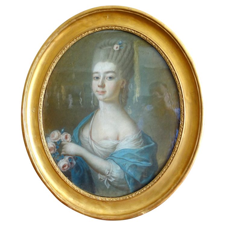 Scuola francese del XVIII secolo, ritratto di signora aristocratica in Flora, pastello, periodo Luigi XV