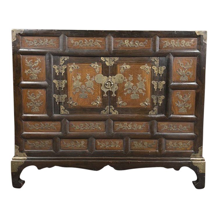 Cabinet Coréen Ancien En Bois Laqué Et Incrustations Métalliques, Fin XIXe Siècle