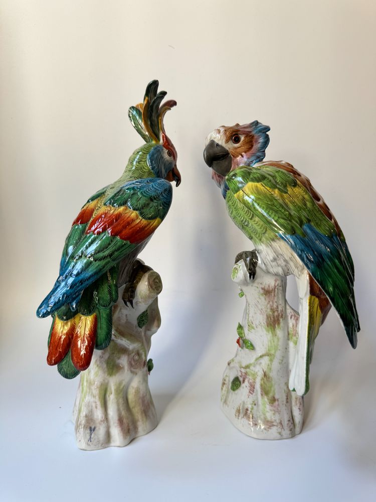 Pair of perched parrots in Paris porcelain (Bourdois & Bloch) H36