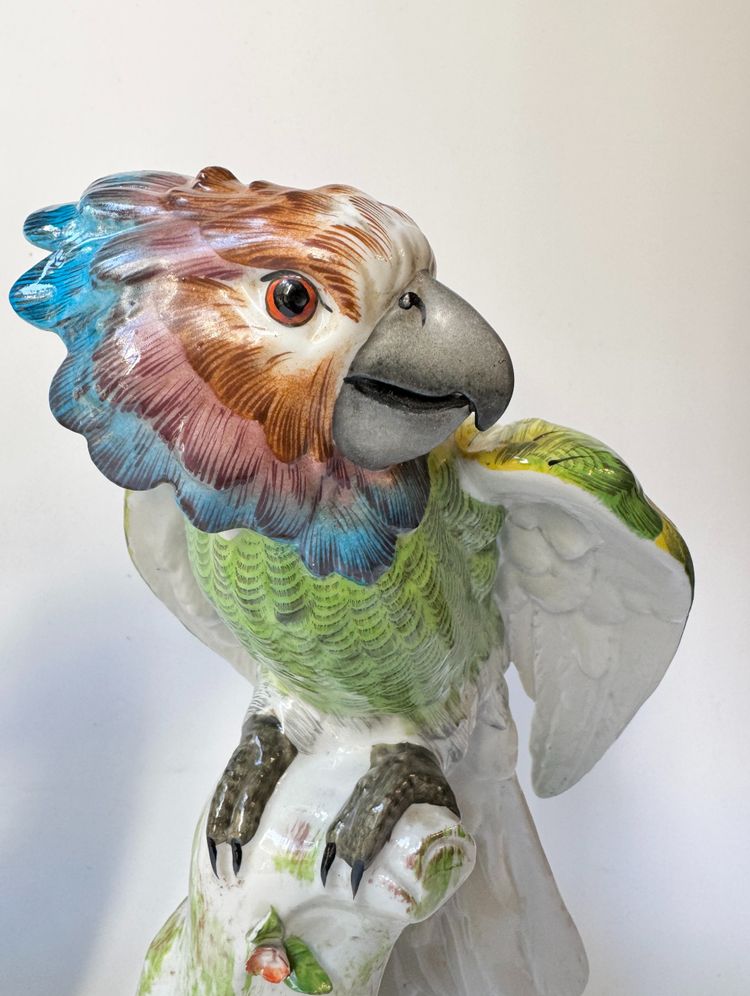 Pair of perched parrots in Paris porcelain (Bourdois & Bloch) H36