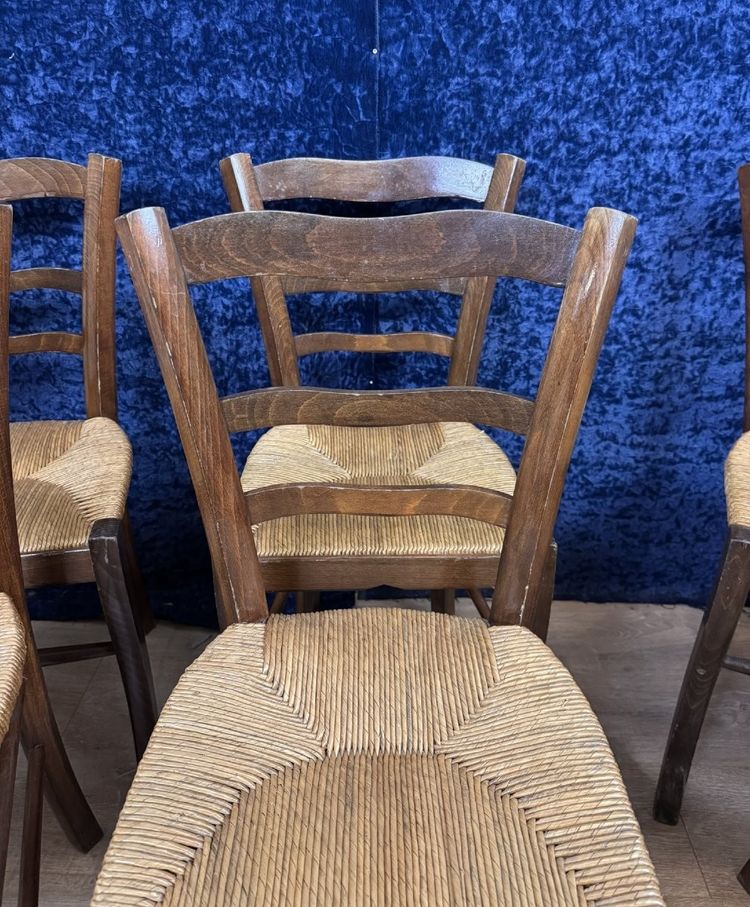 Set of 6 rustic beech chairs with straw seats, late 19th century