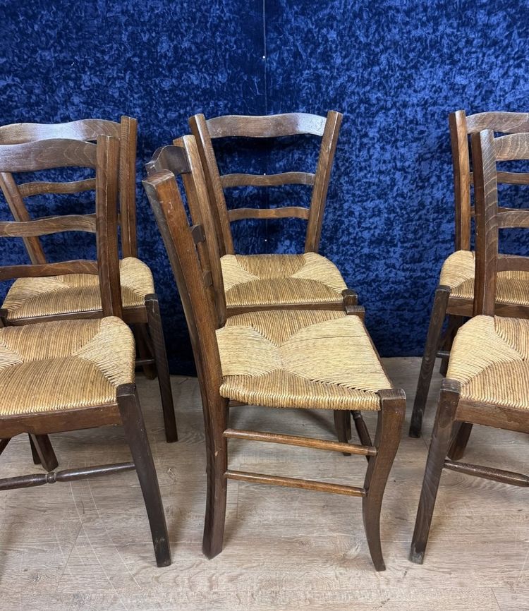 Set of 6 rustic beech chairs with straw seats, late 19th century