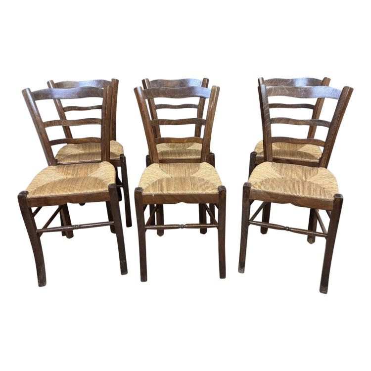 Set of 6 rustic beech chairs with straw seats, late 19th century