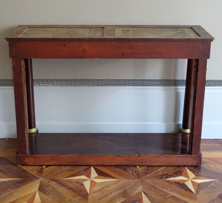 Grande consolle di epoca Impero in mogano, bronzo dorato e marmo blu Turchino - 129 cm