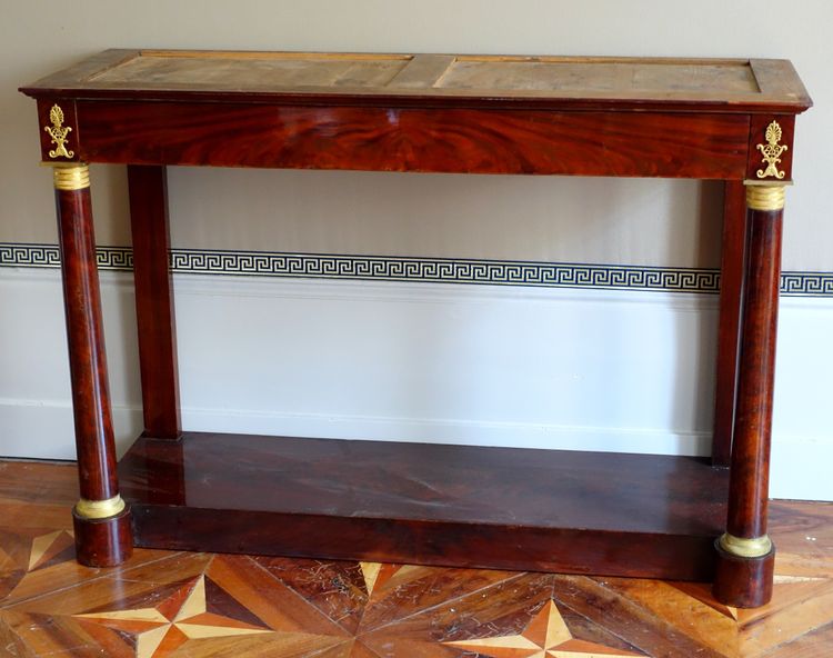 Grande consolle di epoca Impero in mogano, bronzo dorato e marmo blu Turchino - 129 cm