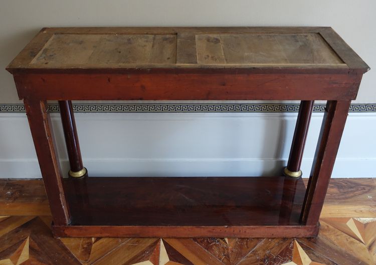 Grande consolle di epoca Impero in mogano, bronzo dorato e marmo blu Turchino - 129 cm