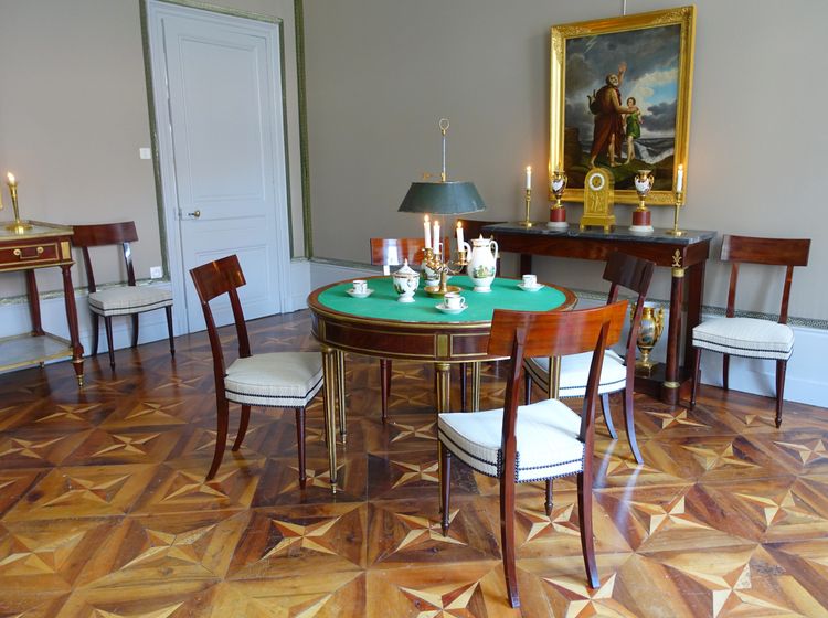 Grande consolle di epoca Impero in mogano, bronzo dorato e marmo blu Turchino - 129 cm