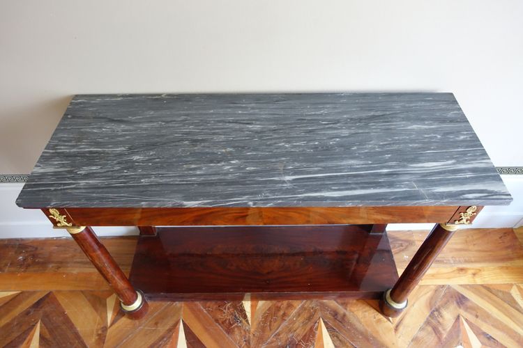 Grande consolle di epoca Impero in mogano, bronzo dorato e marmo blu Turchino - 129 cm
