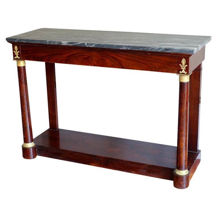 Grande consolle di epoca Impero in mogano, bronzo dorato e marmo blu Turchino - 129 cm