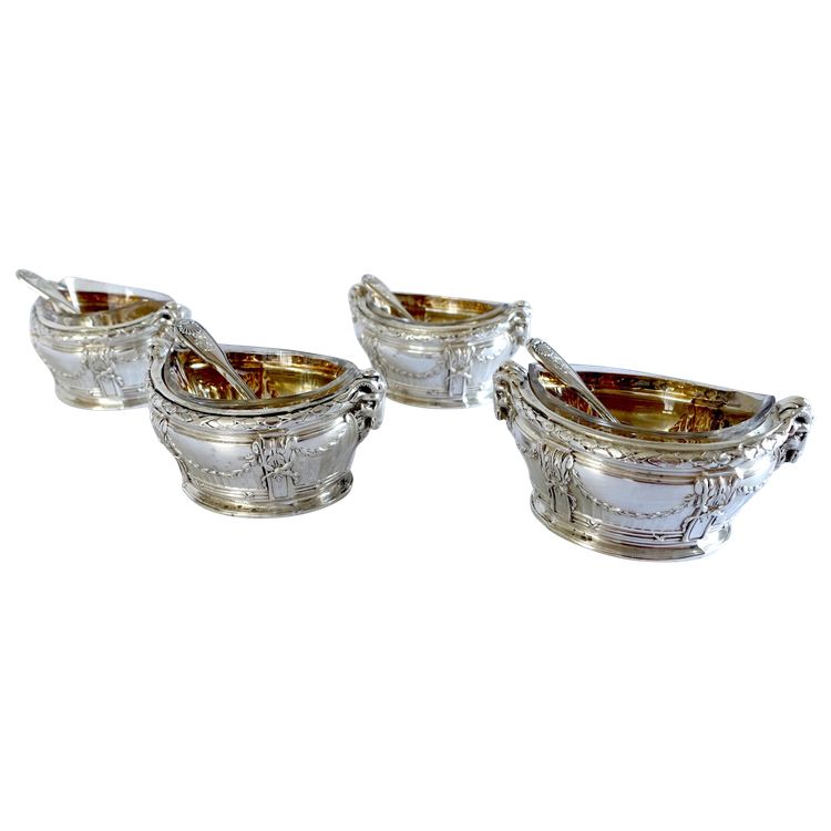 Puiforcat: suite of 4 solid silver salt cellars, Louis XVI style, ram heads