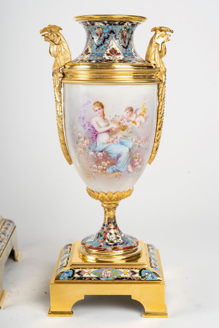 A gilt bronze, porcelain and cloisonné enamel set, late 19th century