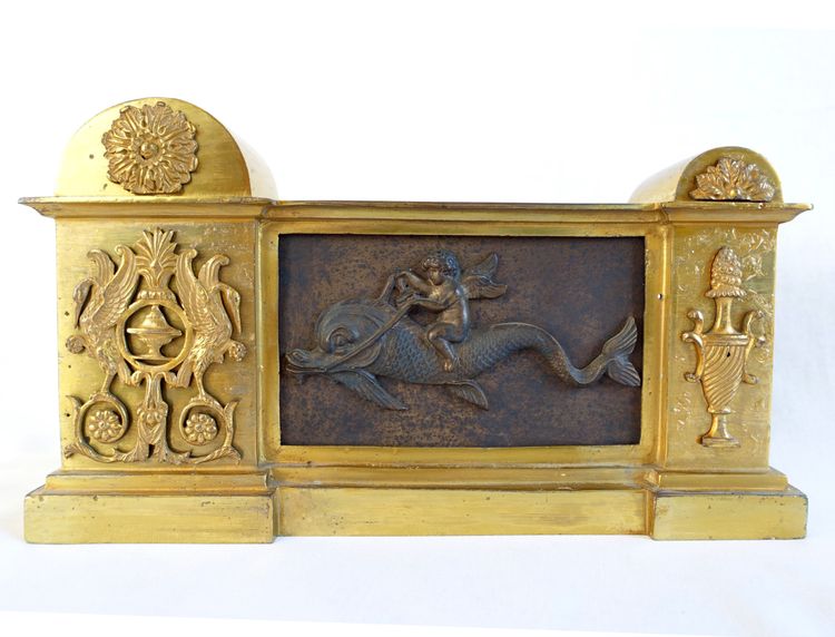 Paire de chenets, feux en bronze doré, époque Empire Restauration