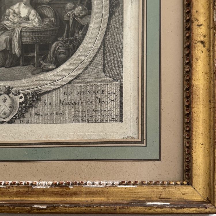 18th century engraving The Happiness of Household Life after de Launay, pearl frame