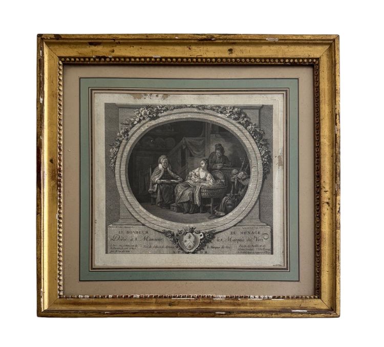 18th century engraving The Happiness of Household Life after de Launay, pearl frame