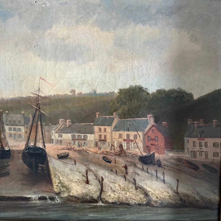 Huile sur toile par F. Lemoine le port de Nantes fin XIXe cadre en stuc