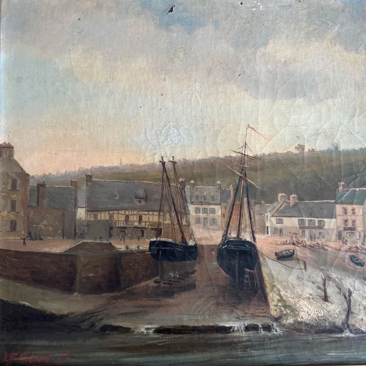 Huile sur toile par F. Lemoine le port de Nantes fin XIXe cadre en stuc