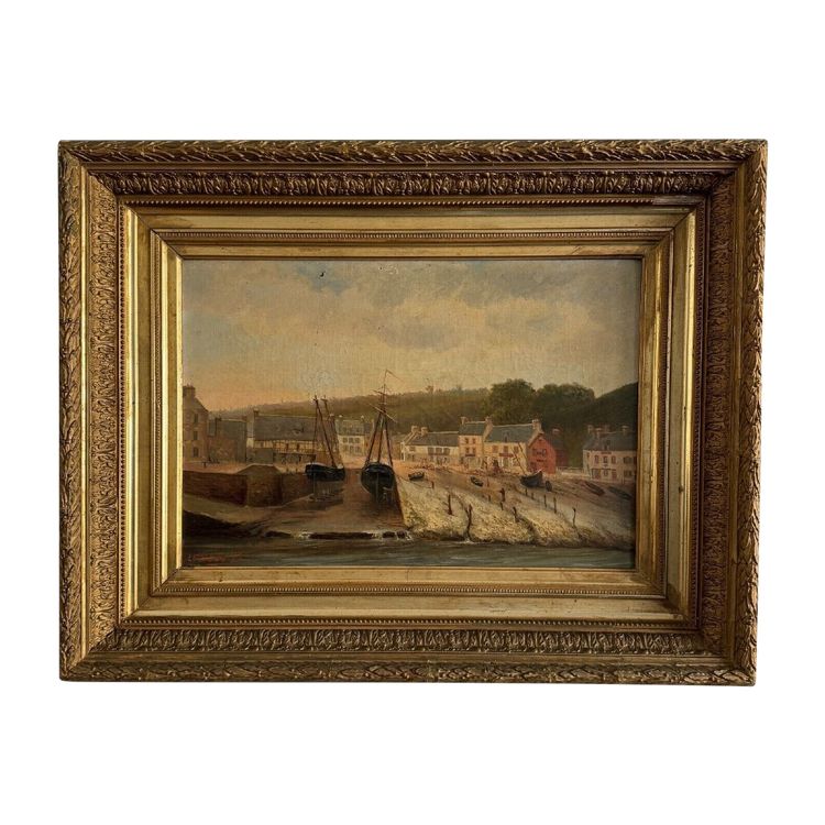 Huile sur toile par F. Lemoine le port de Nantes fin XIXe cadre en stuc
