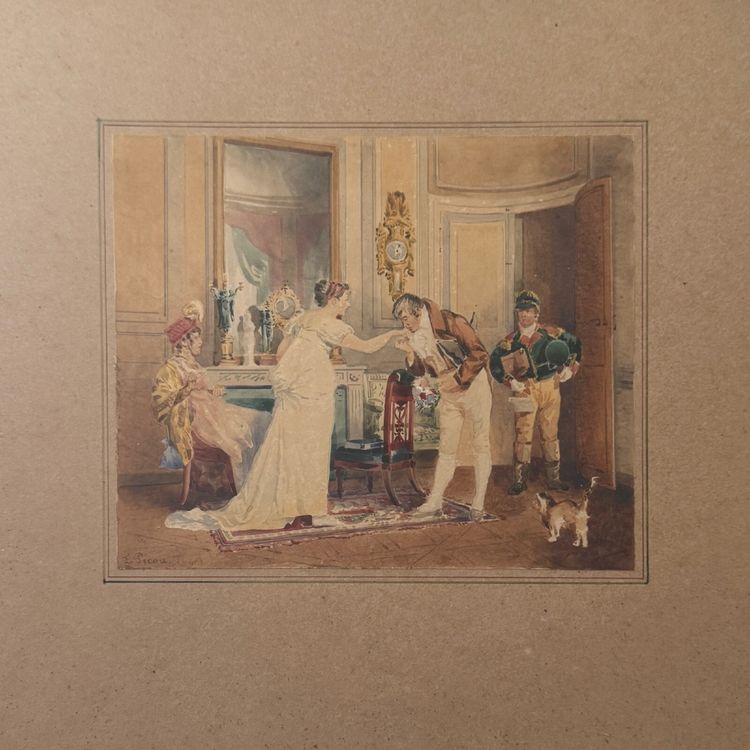 Acquerello su carta, scena d'interno borghese, Eugènes Charles Picou, XIX secolo