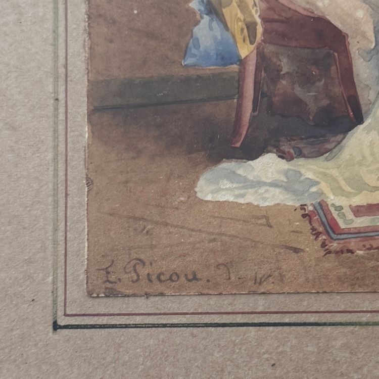 Acquerello su carta, scena d'interno borghese, Eugènes Charles Picou, XIX secolo