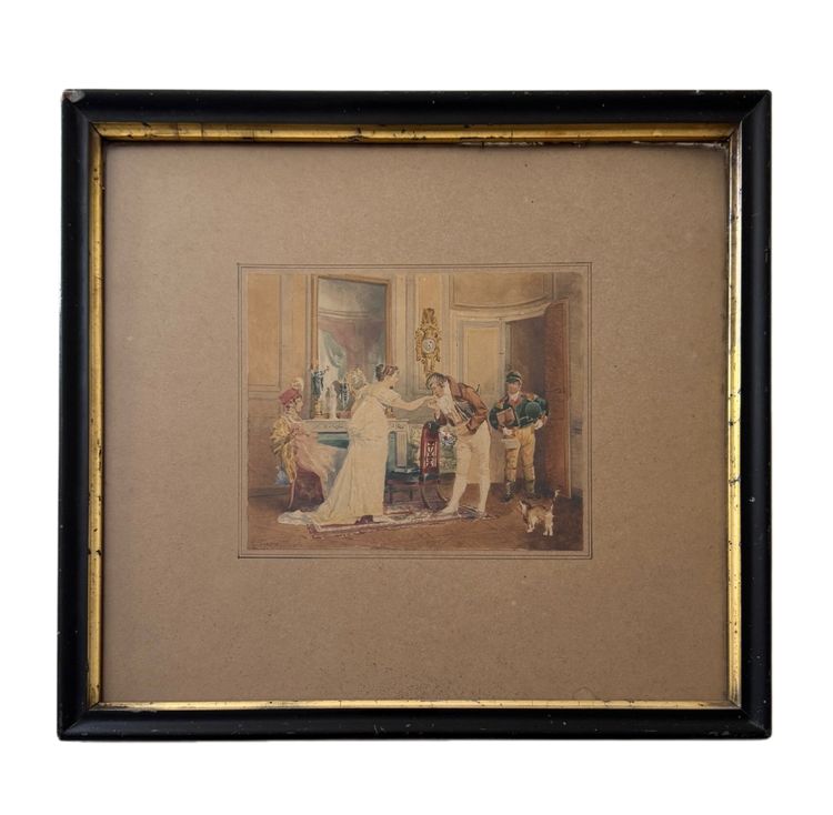 Acquerello su carta, scena d'interno borghese, Eugènes Charles Picou, XIX secolo