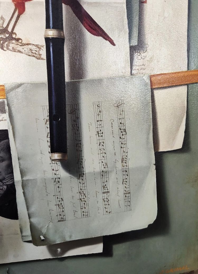 Stillleben mit Flöte und rotem Kardinal, Ölgemälde auf Leinwand von Jean Grimal (1942-1998)