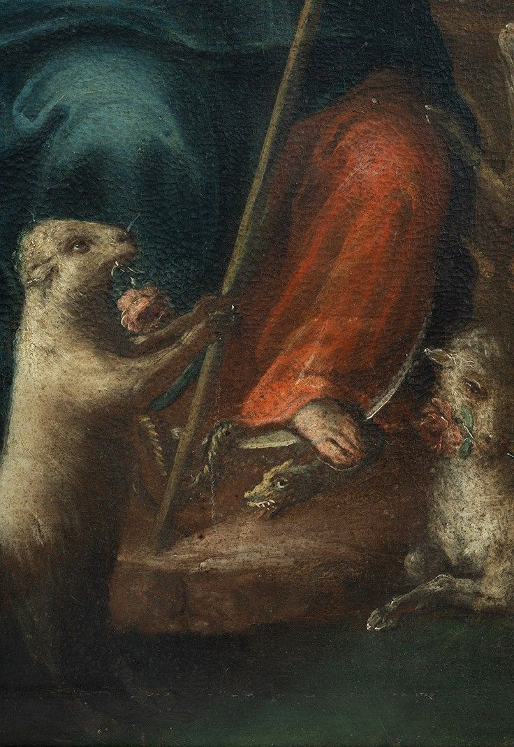 Altes Ölgemälde auf Leinwand mit der Darstellung "Die göttliche Hirtin". Neapel XVII. Jahrhundert