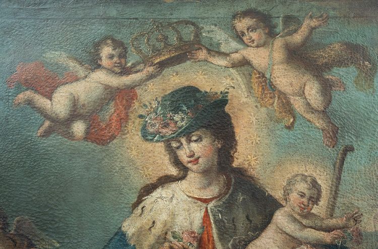 Altes Ölgemälde auf Leinwand mit der Darstellung "Die göttliche Hirtin". Neapel XVII. Jahrhundert