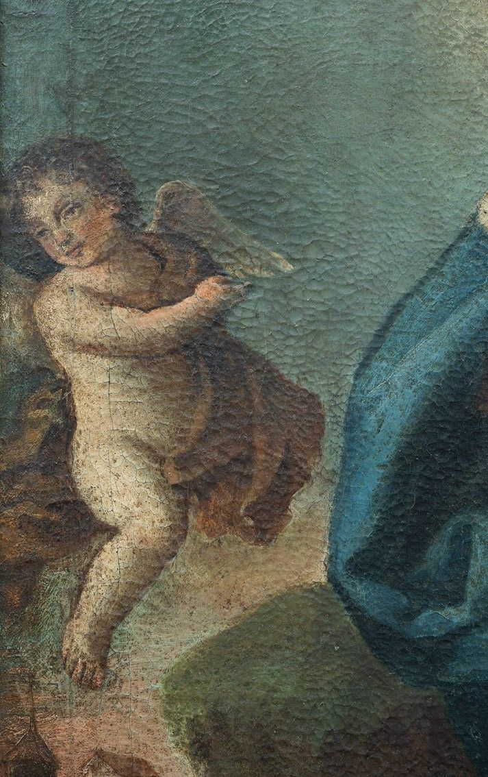 Altes Ölgemälde auf Leinwand mit der Darstellung "Die göttliche Hirtin". Neapel XVII. Jahrhundert
