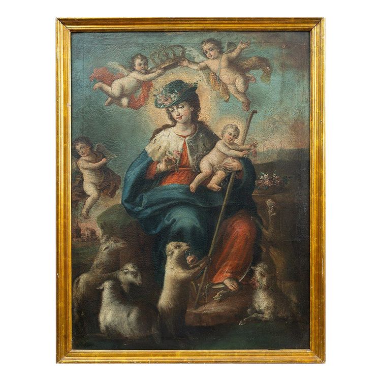 Altes Ölgemälde auf Leinwand mit der Darstellung "Die göttliche Hirtin". Neapel XVII. Jahrhundert