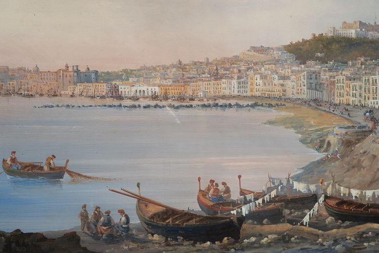 Gouache/Aquarelle ancienne représentant une vue de Naples. Période 19ème siècle.