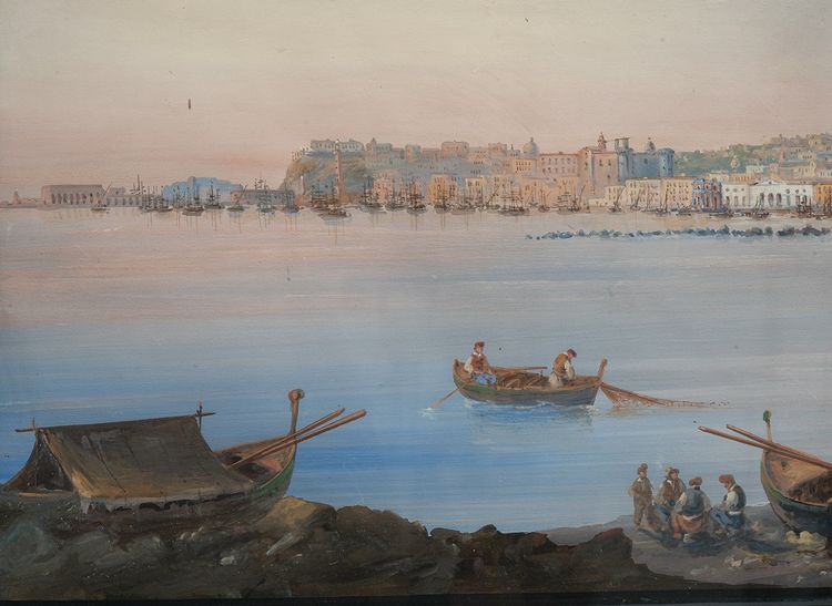 Gouache/Aquarelle ancienne représentant une vue de Naples. Période 19ème siècle.