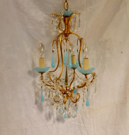 Kronleuchter mit blauen Papillen aus Glas und Opalglas, 20. Jahrhundert