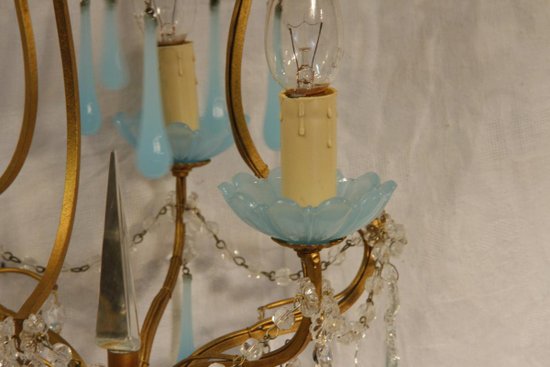 Kronleuchter mit blauen Papillen aus Glas und Opalglas, 20. Jahrhundert