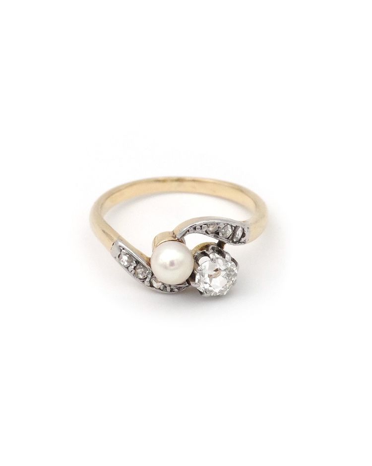 Bague Toi et Moi perles diamant en or 18k et platine, Bague Belle Epoque, Bijou ancien