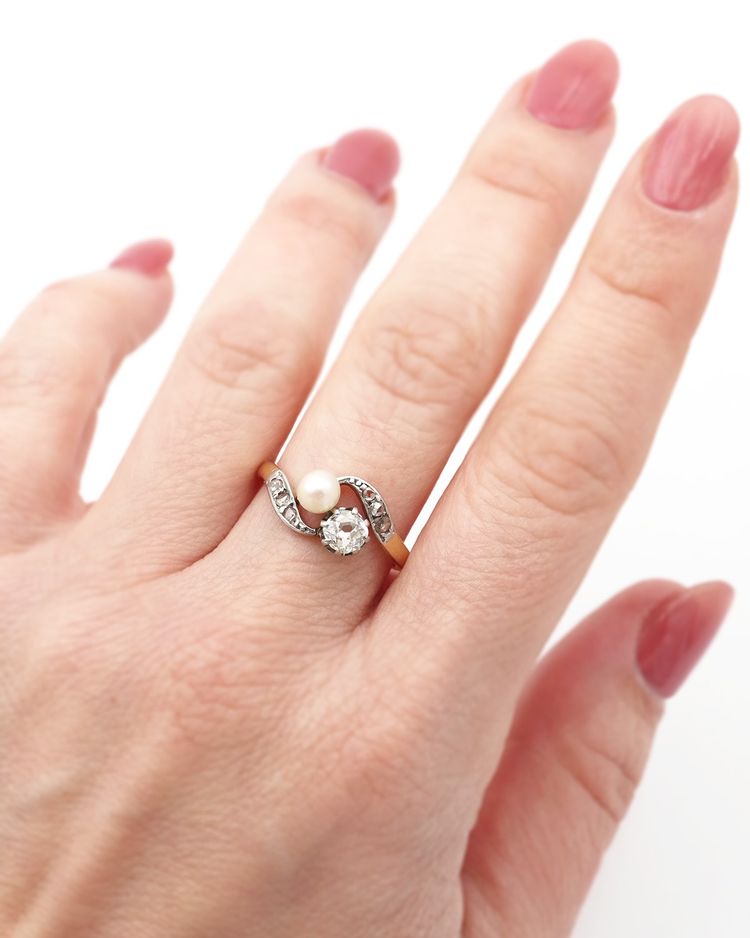 Bague Toi et Moi perles diamant en or 18k et platine, Bague Belle Epoque, Bijou ancien