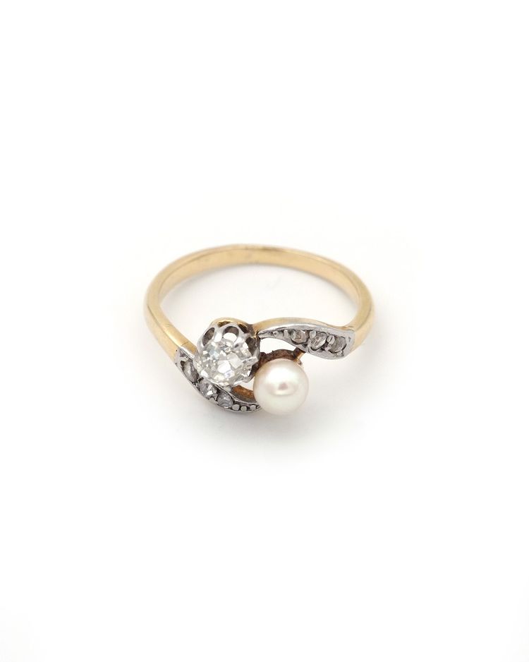 Bague Toi et Moi perles diamant en or 18k et platine, Bague Belle Epoque, Bijou ancien