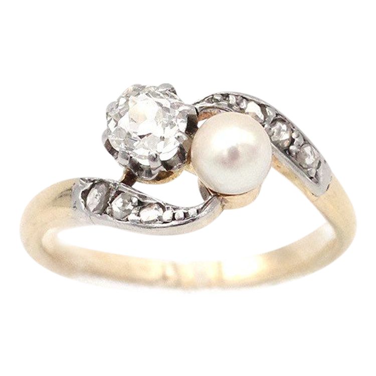 Bague Toi et Moi perles diamant en or 18k et platine, Bague Belle Epoque, Bijou ancien