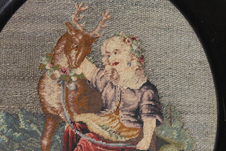 Romantic tapestry with pastoral decor on silver threads 19th century ebony frame