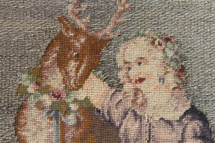 Romantic tapestry with pastoral decor on silver threads 19th century ebony frame