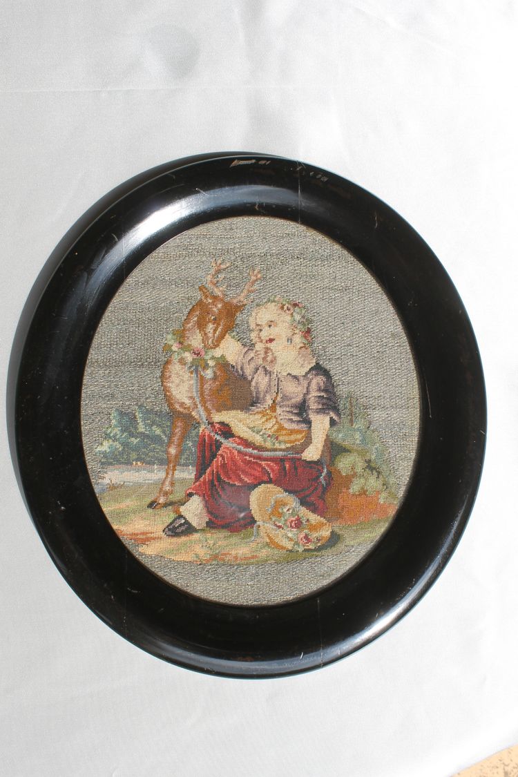 Romantic tapestry with pastoral decor on silver threads 19th century ebony frame