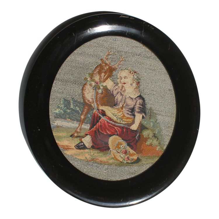 Romantic tapestry with pastoral decor on silver threads 19th century ebony frame