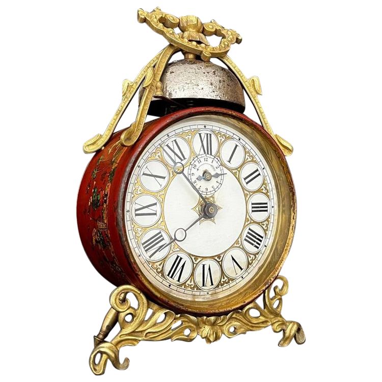 French mechanical alarm clock in red lacquer Chinoiserie, late 19th century