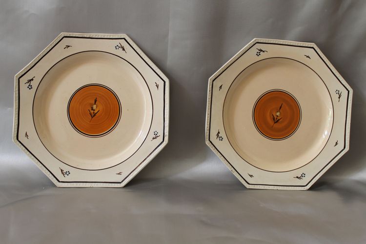 Pair of Nevers earthenware ocotogonal beaded plates signed Dubois 18th century