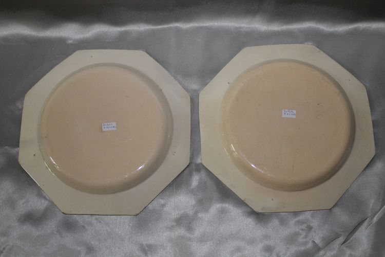 Pair of Nevers earthenware ocotogonal beaded plates signed Dubois 18th century