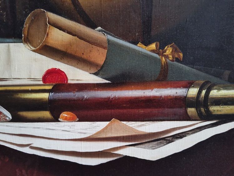 Nature Morte avec Globe, Livres et Longue-vue,  Huile sur toile par  Jean Grimal (1942–1998)
