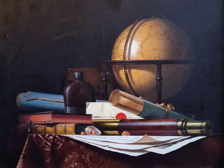 Nature Morte avec Globe, Livres et Longue-vue,  Huile sur toile par  Jean Grimal (1942–1998)