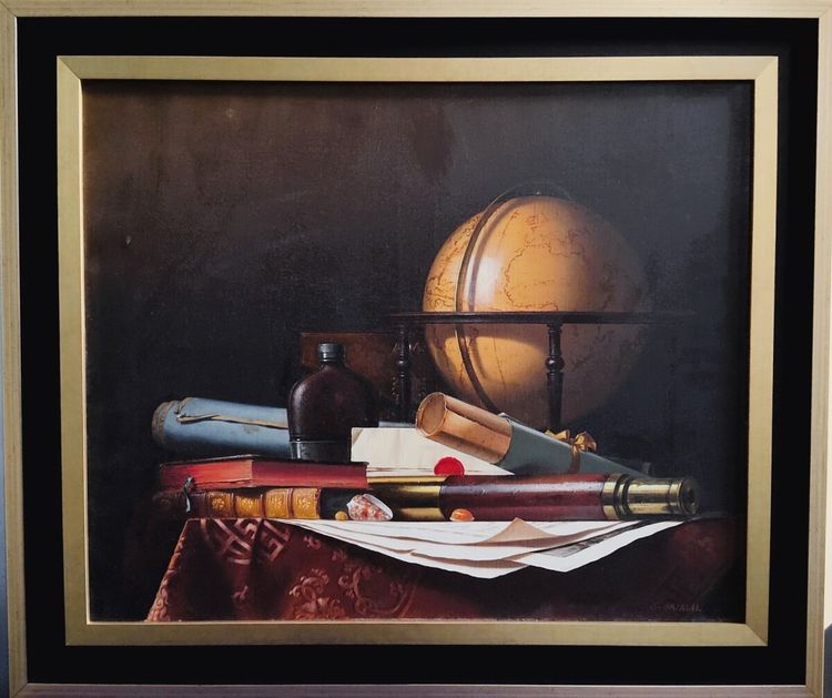 Nature Morte avec Globe, Livres et Longue-vue,  Huile sur toile par  Jean Grimal (1942–1998)