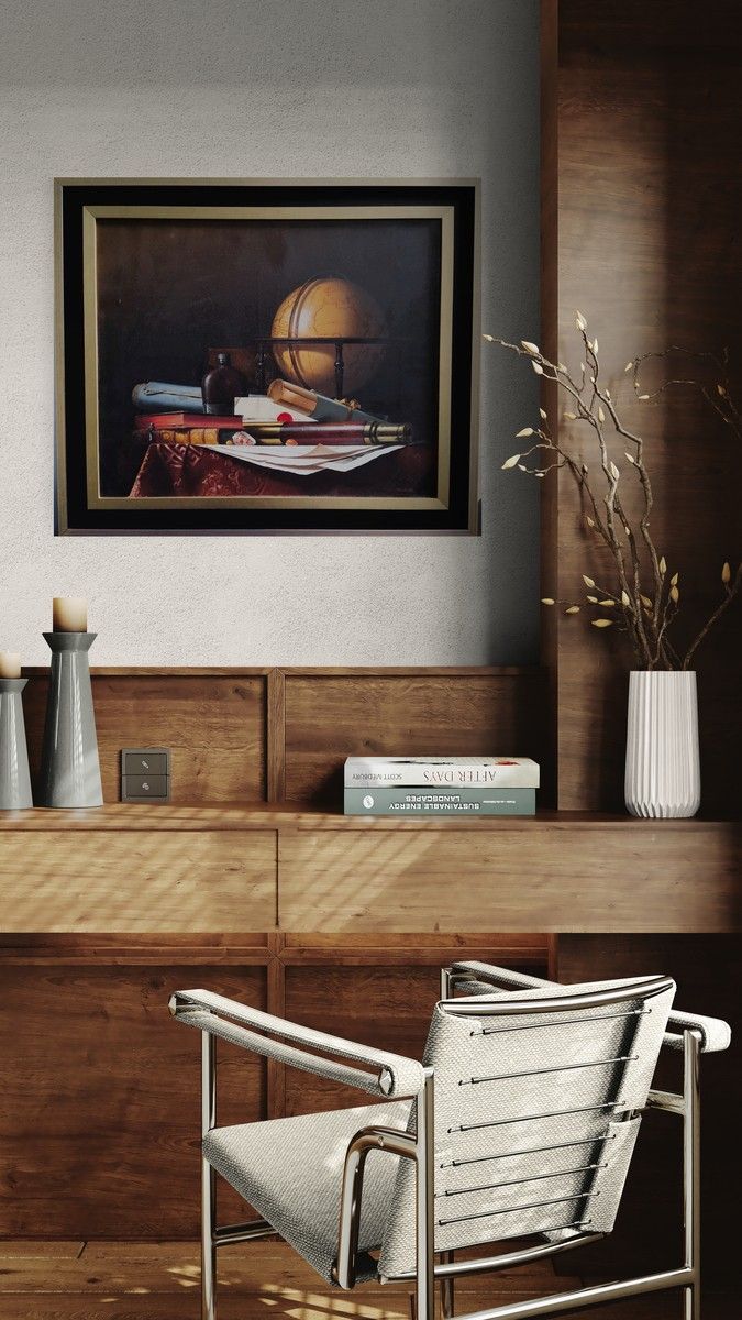 Nature Morte avec Globe, Livres et Longue-vue,  Huile sur toile par  Jean Grimal (1942–1998)