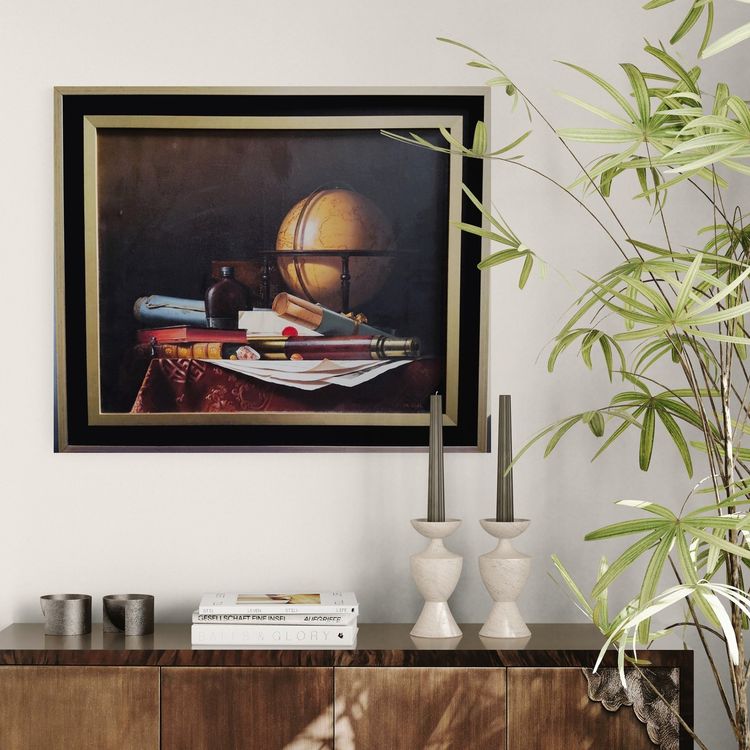 Nature Morte avec Globe, Livres et Longue-vue,  Huile sur toile par  Jean Grimal (1942–1998)
