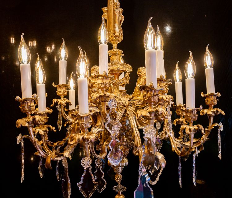 Victor Raulin (1867-1925) and Baccarat Lustre aux Amours in Chiseled and Gilded Bronze, Louis XV Sty